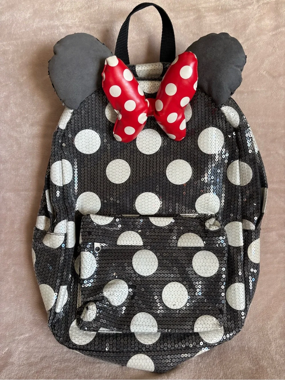 Disney Parks Authentic Black & White Sequin Polka Dot Adult Backpack Red Bow